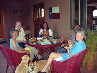 Mary Ann, Tull, Sheila, Roland and Lucinda dine on the portal